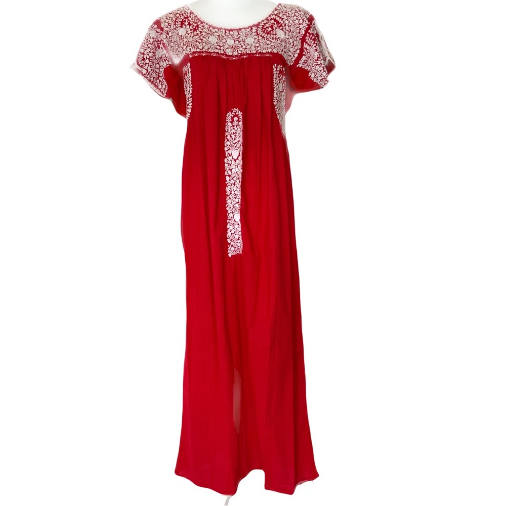 Vintage Women’s Hawaiian Muumuu Maxi Dress Handmade Embroidered Red White
